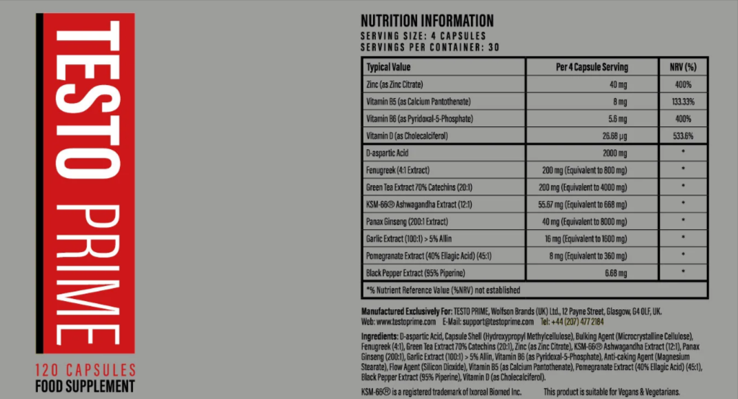 TestoPrime Supplement Facts