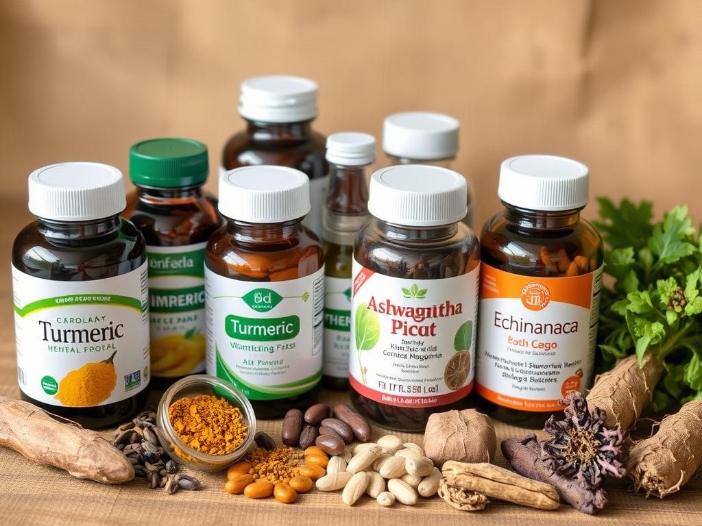 Herbal supplements including turmeric, ashwagandha, and other botanicals