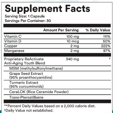 Reactivate Skin Care supplement facts