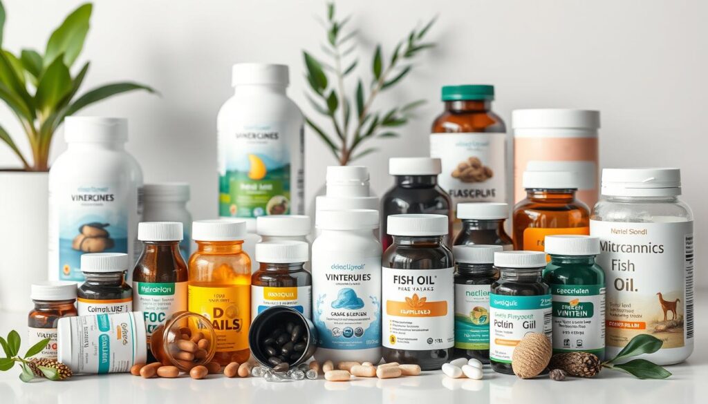 Various dietary supplements including vitamins, minerals, and herbal products arranged on a clean white surface Various dietary supplements including vitamins, minerals, and herbal products arranged on a clean white surface