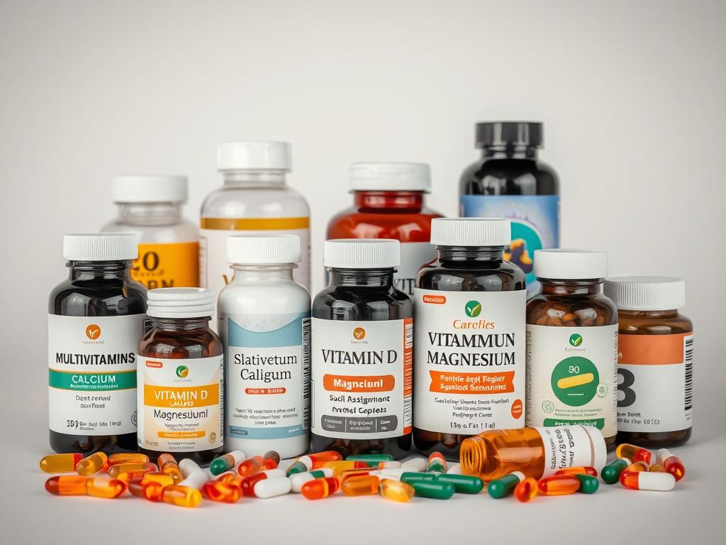 Various vitamin and mineral supplements in bottles and capsules