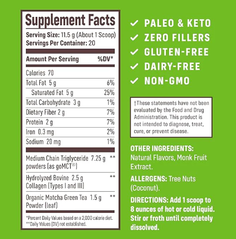 NativePath Matcha Collagen Latte Supplement facts