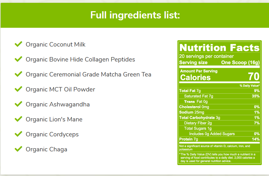 Rootz Matcha Superfood Supplement Facts